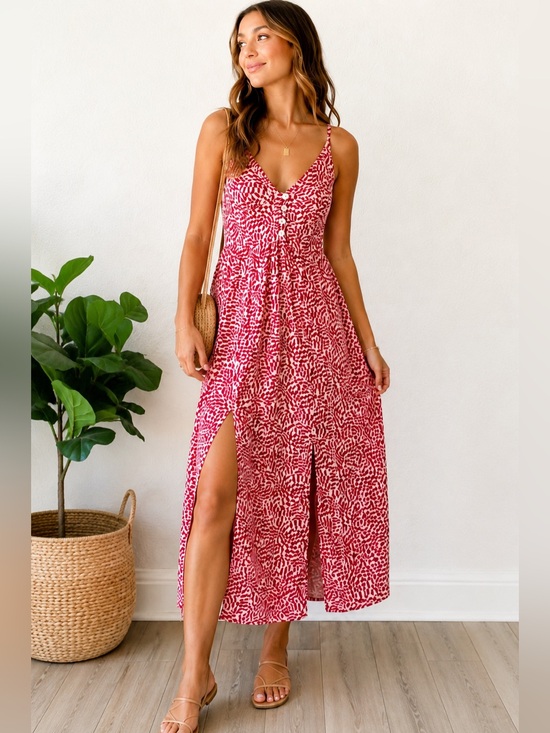 Urban Outfitters Dresses & Skirts - Urban Outfitters Red Floral Midi Dress XS Button Front Slit Sundress cottagecore